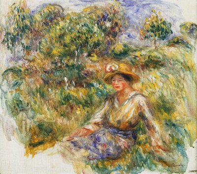 Vrouw in een Blauwe Hoed zittend op het Gras door Pierre Auguste Renoir
