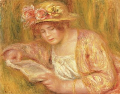 Vrouw met een hoed lezend, c.1917-18 door Pierre Auguste Renoir