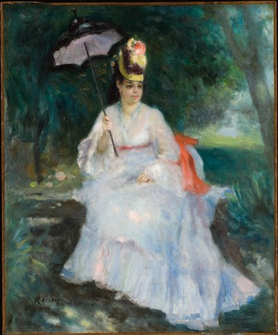 Vrouw met een parasol zittend in de tuin (Lise Trehot) door Pierre Auguste Renoir