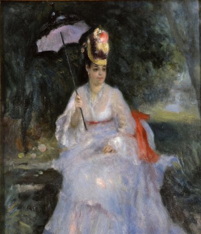 Vrouw met parasol zittend in een tuin, 1872 door Pierre Auguste Renoir