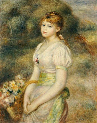 Jong meisje met een mand bloemen door Pierre Auguste Renoir