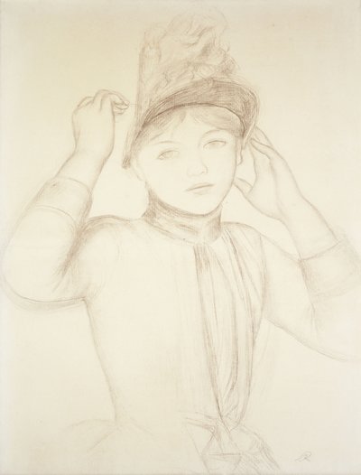 Jonge vrouw die haar hoed schikt; Jeune Fille Arrangeant son Chapeau, ca. 1885 door Pierre Auguste Renoir