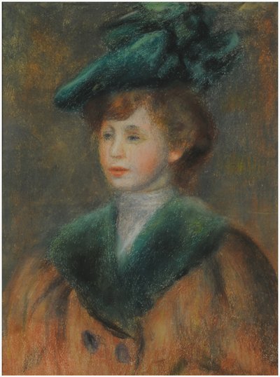 Jonge vrouw met een groene hoed door Pierre Auguste Renoir