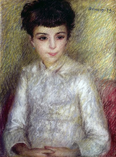 Jonge brunette meisje zittend met gekruiste handen door Pierre Auguste Renoir