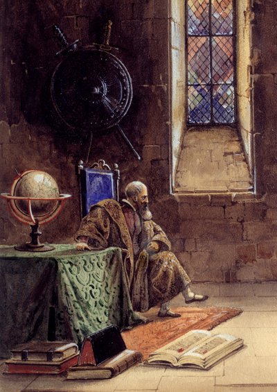 Galileo Galilei in het stuk "Galilee" door Francois Ponsard (1814-1867) in de Franse Comedie in 1867. De astronoom wordt daar in de gevangenis afgebeeld. Illustratie door Pierre Beauvallet (1801-1873) 1867 Parijs, Comedie francaise door Pierre Beauvallet