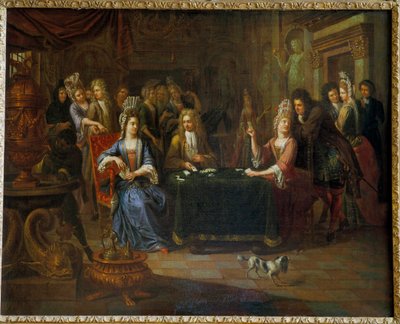 Adellijke kaartspelers die kaarten in een woonkamer door Pierre Bergaigne