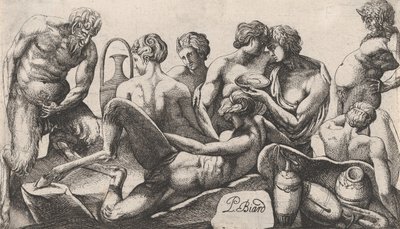 Acht saters en satyresses die een maaltijd beëindigen door Pierre Biard