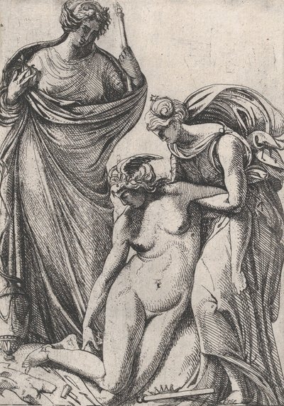 Studie ter ondersteuning van de flauwvallende personificatie van Beeldhouwkunst, staand naast hen, Fran..., 1607-61 door Pierre Biard