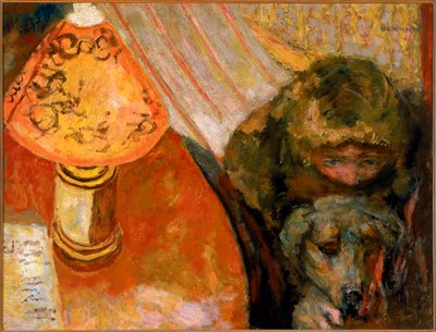 Schilderij van een interieur verlicht door lamplicht door Pierre Bonnard