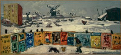 Palisade, de affiches (Palisade bedekt met affiches, en de oude molens van Montmartre onder de sneeuw) door Pierre Bonnard