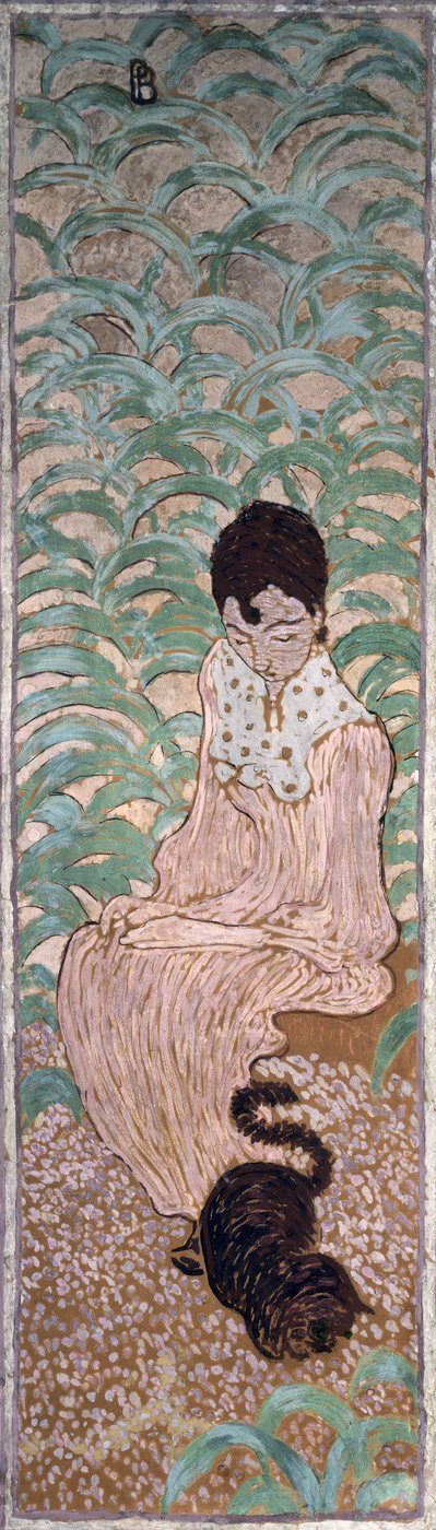 Zittende vrouw met een kat, een van vier panelen van Vrouwen in de tuin, 1891 door Pierre Bonnard