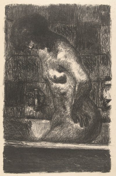 Staande naakte vrouw wast zich in bad door Pierre Bonnard