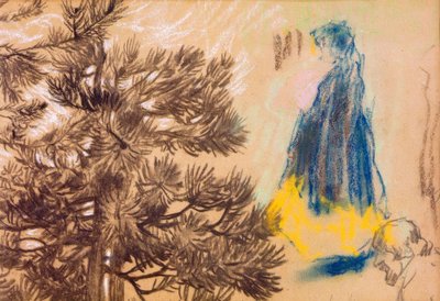 Studieblad: Naaldboom, meisje in kapmantel, portret van een man door Pierre Bonnard