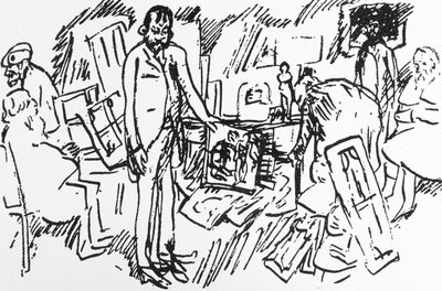 De winkel van Parijse kunsthandelaar Ambroise Vollard in Parijs rond 1895: schilders Camille Pissarro, Auguste Renoir, Pierre Bonnard en Edgar Degas met een klant (pen en inkt op papier) door Pierre Bonnard