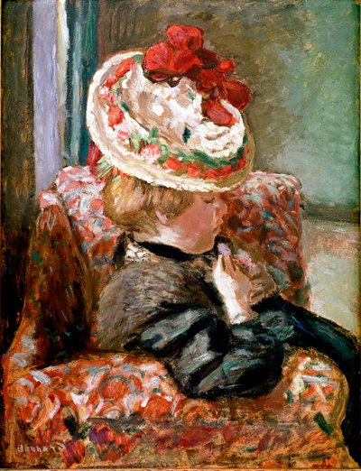 De strohoed, vrouw zittend op een bloemenbank door Pierre Bonnard