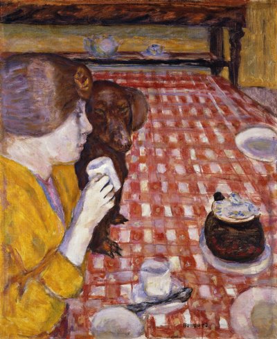 Geel en rood (Het rood geruite tafelkleed) door Pierre Bonnard