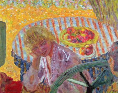 Jong meisje met een gestreept tafelkleed, 1921 door Pierre Bonnard