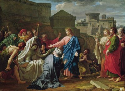 Jezus wekt de zoon van de weduwe van Naim op door Pierre Bouillon