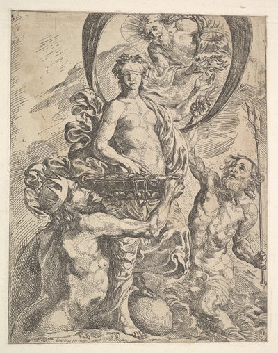 Jupiter, Pluto en Neptunus bieden hun rijkdommen aan Fortuna aan, 1624 door Pierre Brebiette