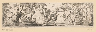 Sater schiet een pijl op een beeld van Bacchus terwijl Mercurius toekijkt door Pierre Brebiette