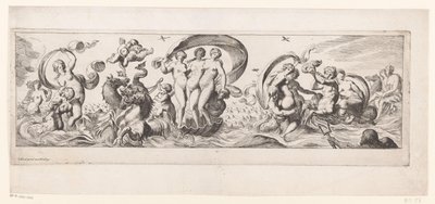 Zeegodinnen met in het midden Galathea, voortgetrokken op een vaartuig door Pierre Brebiette