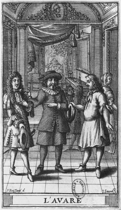 Molière als Harpagon, frontispice illustratie uit 