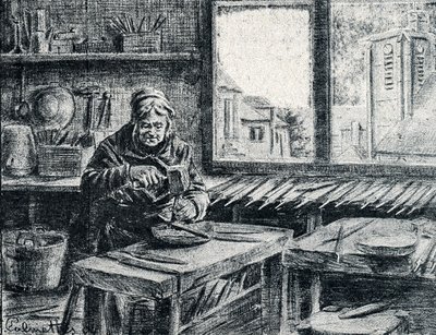 Een arbeider die vijlen maakt. Gravure van Pierre Calmette door Pierre Calmettes