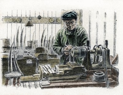 Een ivoorbewerker die olifantenslagtanden snijdt in zijn werkplaats Gravure uit 