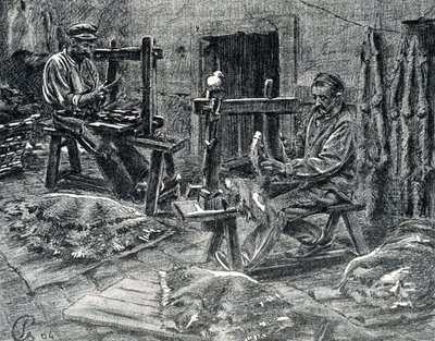 Ambachtslieden die schapenvellen schrapen Gravure uit 