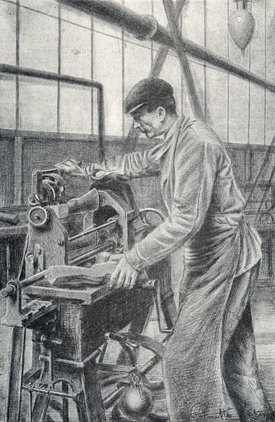 Snijden van geweerkolven in een wapenfabriek Gravure door Pierre Calmette Privécollectie door Pierre Calmettes