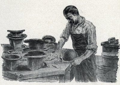 Hoedenmaker: het verstevigen van de randen van een bolhoed Gravure uit 