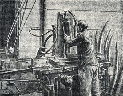 Ivoorbewerker snijdt olifantenslagtanden Gravure uit "Excursion a travers les metiers" door Pierre Calmette Privécollectie door Pierre Calmettes