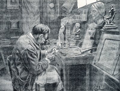 Ivoorbewerker die ivoor snijdt met beitels, schrapers en gutsen Gravure uit 