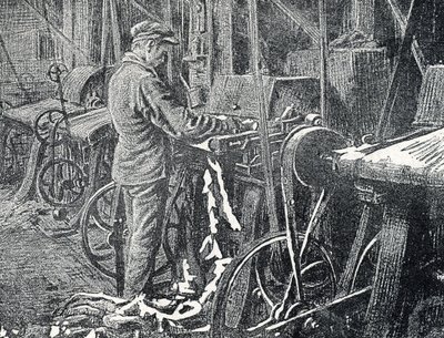 Leerindustrie: mechanisch maaien van vachten Gravure uit "Excursion a travers les metiers" door Pierre Calmette Privécollectie door Pierre Calmettes