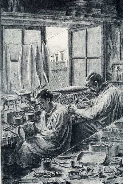 Parijse arbeiders die speelgoed maken. Gravure van Pierre Calmette door Pierre Calmettes