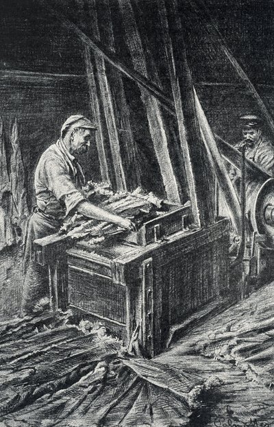 Leerbewerking, het verzachten van de dierenhuiden in een volgravure uit de collectie van Pierre Calmette door Pierre Calmettes