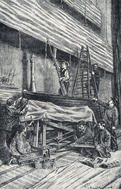 Rekwisietenmeesters: het opzetten van toneeldecors voor de voorstelling. Gravure uit 