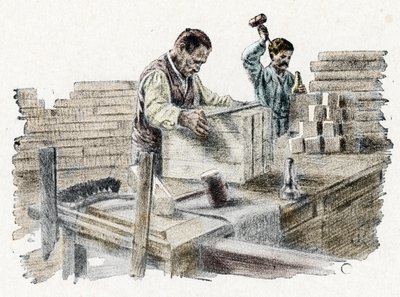 Savonnerie: het snijden van zeepblokken, gravure uit 