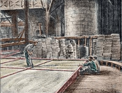 Zeepfabriek: het snijden van de zeep in de vormen gravure uit "Excursie door de beroepen" door Pierre Calmette door Pierre Calmettes