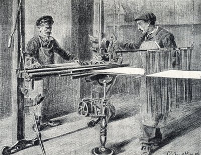 Zijdewerkplaats: de voorbereiding van de ketting bij de map (Zijdewerk) Gravure uit "Excursion through the metiers" door Pierre Calmette Privécollectie door Pierre Calmettes