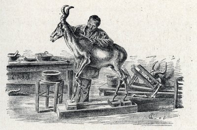 Taxidermie: Een taxidermist vult een hartebeest in zijn werkplaats Gravure uit "Excursion a travers les metiers" door Pierre Calmette Privécollectie door Pierre Calmettes