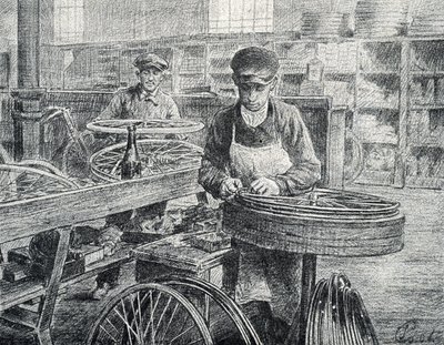 Arbeiders die de spaken aan de velgen van een fiets bevestigen tijdens de fabricage gravure uit de collectie van Pierre Calmette door Pierre Calmettes