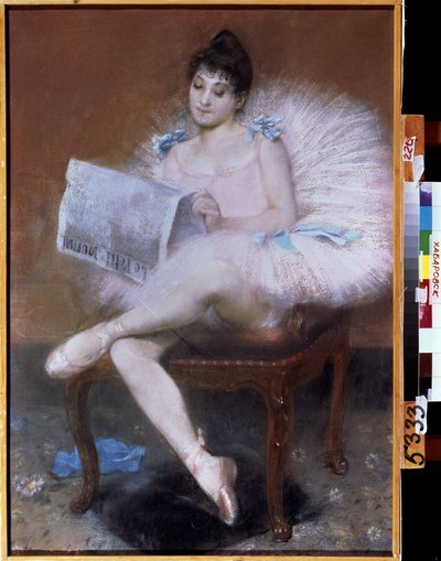 Zittende balletdanseres. Ballerina in tutu leest "de kleine krant" door Pierre Carrier Belleuse