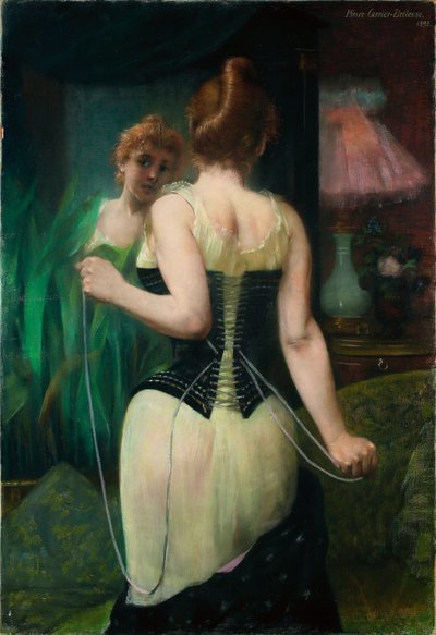 Jonge Vrouw die Haar Korset Aanpast, 1893 door Pierre Carriere Belleuse