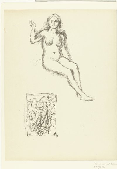 Zittende naakte vrouw en vrouw in landschap door Pierre Cécile Puvis de Chavannes