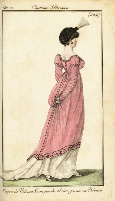 Vrouw in satijnen tuniekjurk en fluwelen toque, Parijs door Pierre Charles Baquoy