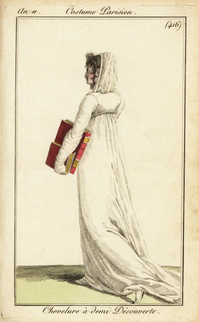 Vrouw in witte jurk met sluier over de helft van haar haar, Parijs door Pierre Charles Baquoy