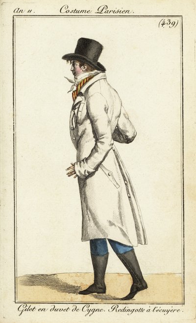 Jonge dandy in ruitersjas, zwaan dons vest door Pierre Charles Baquoy