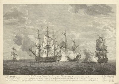 Aanval van een Engels schip op drie Franse schepen bij Sint Eustatius, 1758 door Pierre Charles Canot