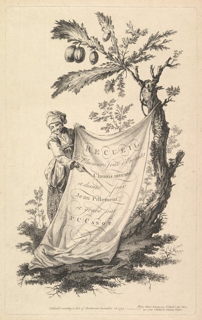 Titelpagina: een glimlachende man houdt een hoek van een doek vastgebonden aan een vijgenboom en wijst met een s..., 1759 door Pierre Charles Canot